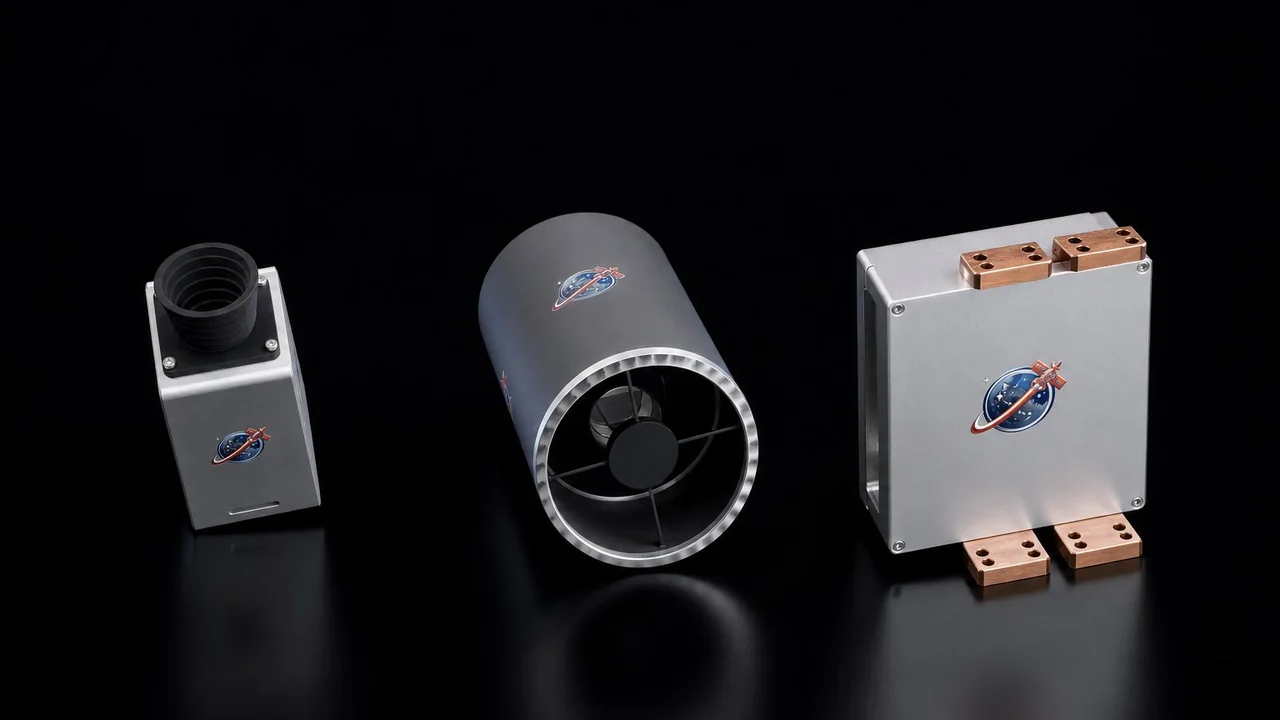 A render of three Constellation Aerospace payload units on black: a star camera, an imaging optic and an edge compute module.