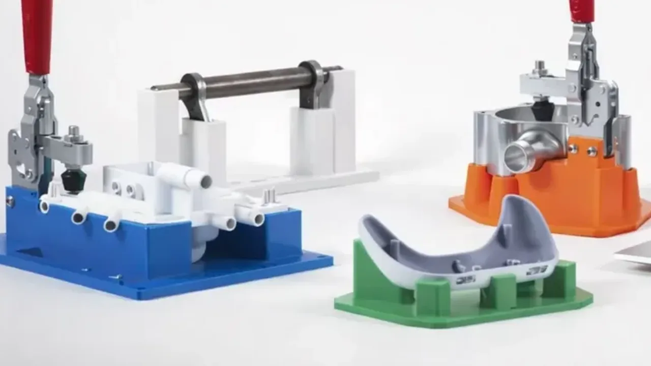 Four 3D printed workholding fixtures in blue, white, green and orange, each designed in RapidTool and holding a part under a toggle clamp.